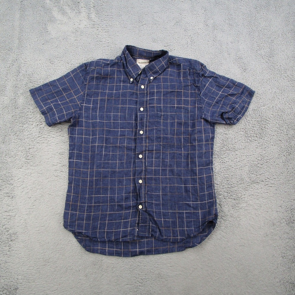 Billy Reid Mens Medium Blue Linen Windowpane Short Sleeve Button Down Shirt